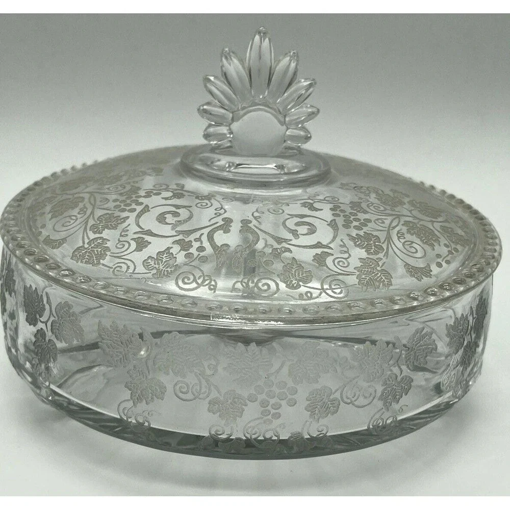 Vintage Depression Fostoria Glass 3 Part Divided Candy Dish Etched Grapes & Vine